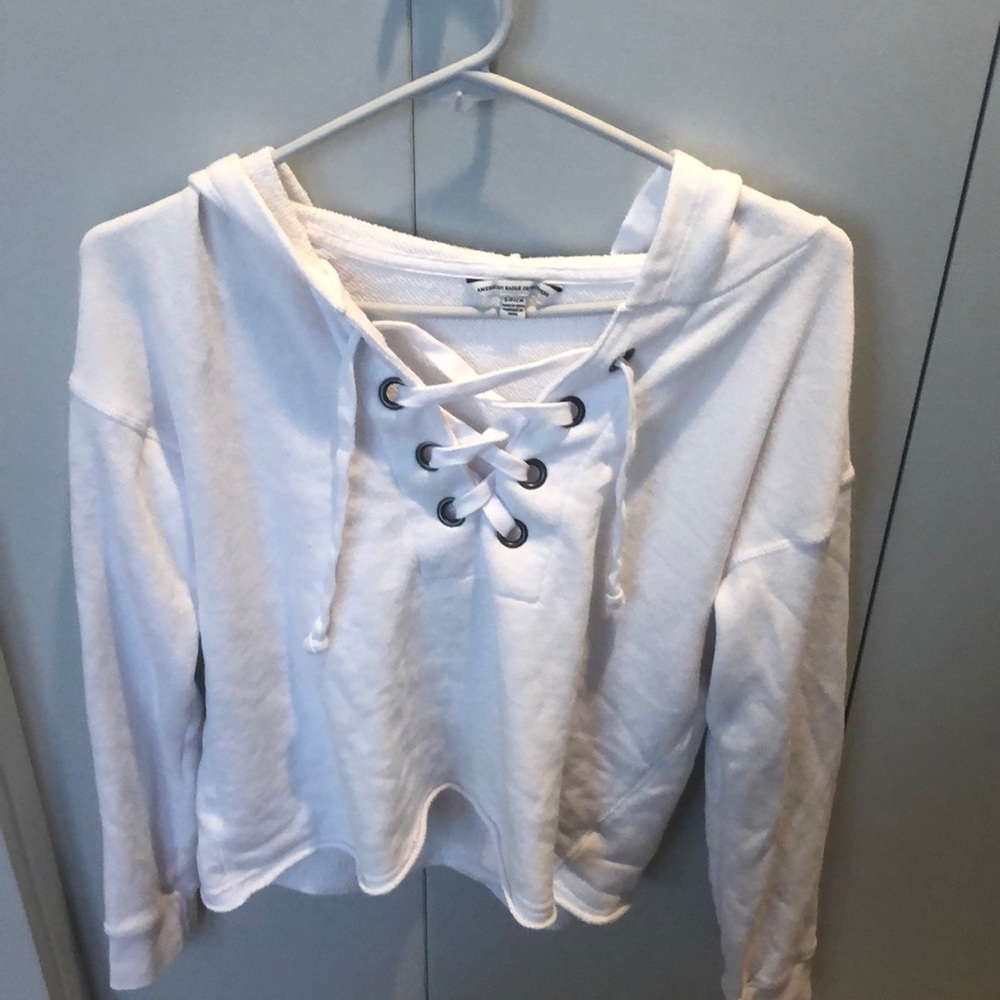 Trendy white cropped lace up hoodie